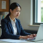 Jeune femme en bureau scolaire utilisant son ordinateur portable