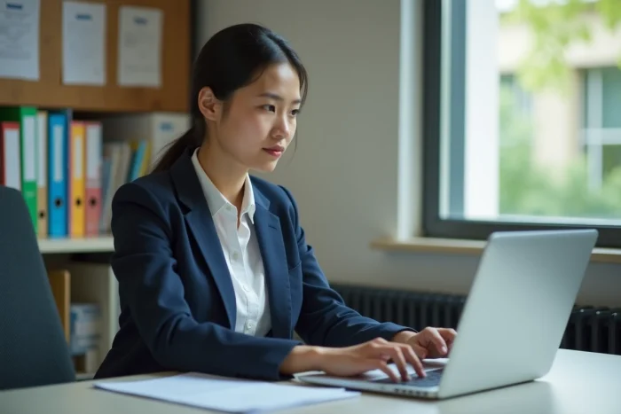 Jeune femme en bureau scolaire utilisant son ordinateur portable