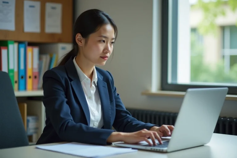 Jeune femme en bureau scolaire utilisant son ordinateur portable