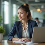 Jeune femme en blazer au bureau consulte son ordinateur