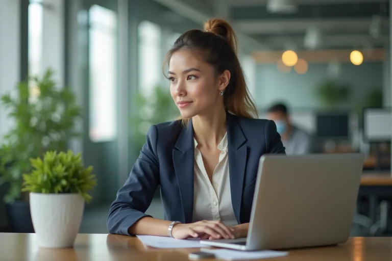 Jeune femme en blazer au bureau consulte son ordinateur