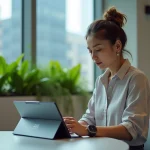 Jeune femme avec tablette futuriste dans un espace coworking
