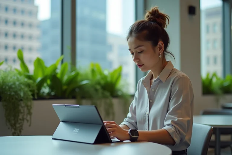 Jeune femme avec tablette futuriste dans un espace coworking