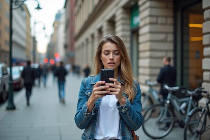 Jeune femme dans la rue consultant le résultat d'une recherche annuaire inversé sur son portable pour identifier un numéro de téléphone inconnu