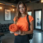 Jeune femme en salle de sport avec serviette orange
