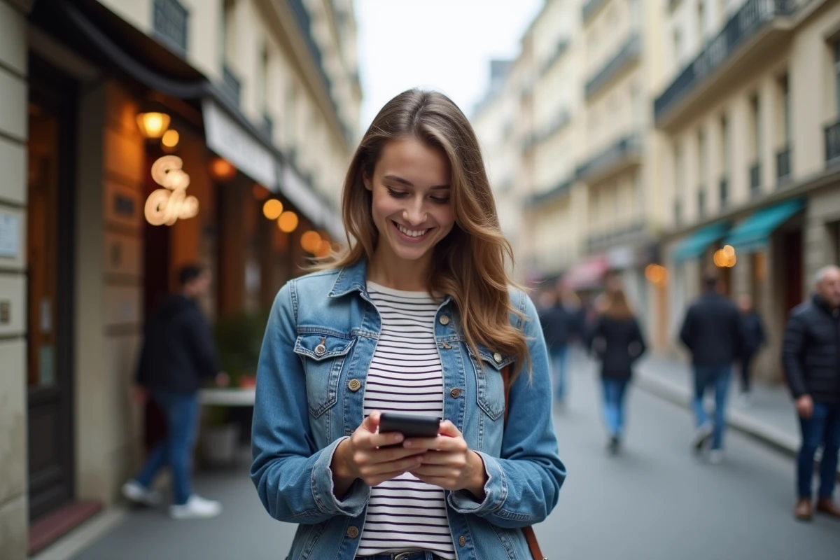Jeune femme souriante regardant son smartphone dans la rue