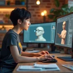 Jeune femme en studio 3D travaillant sur un ordinateur