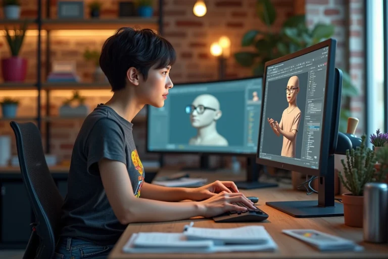 Jeune femme en studio 3D travaillant sur un ordinateur