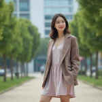 Jeune femme en blazer à carreaux dans un parc urbain