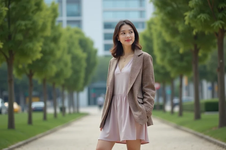 Jeune femme en blazer à carreaux dans un parc urbain