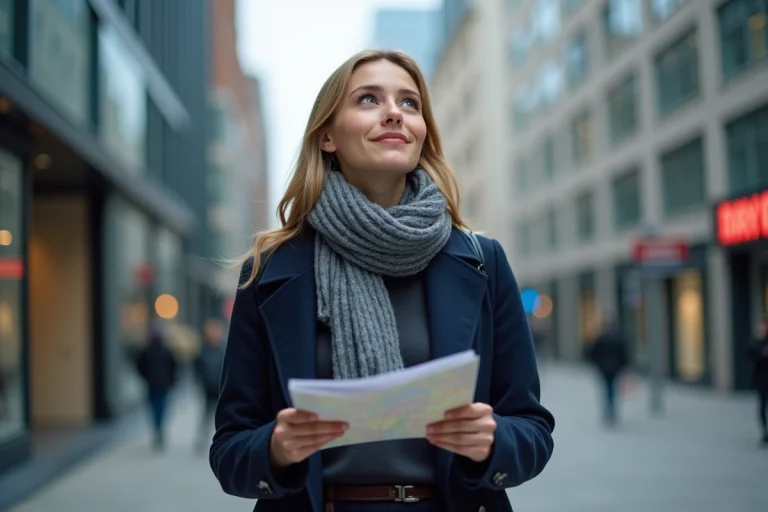 Jeune femme professionnelle dans la ville avec carte