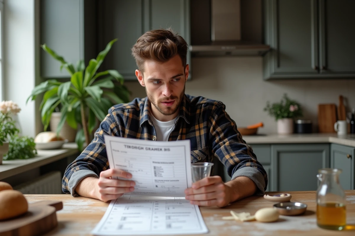 Jeune homme vérifiant un tableau de conversion en cuisine