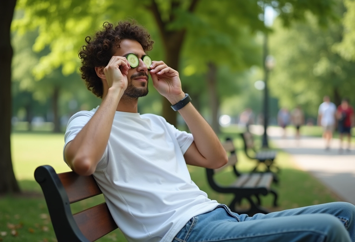 Jeune homme avec concombre dans les yeux dans un parc