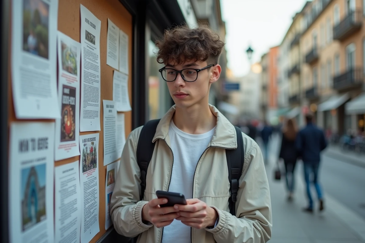 Jeune homme regardant des flyers devant une bibliothèque