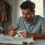 Jeune homme examine le label d’un polo classique en détail