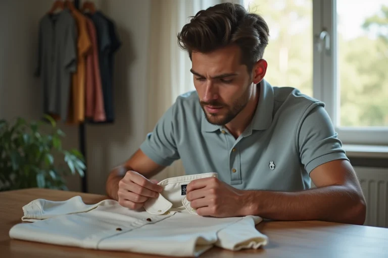 Jeune homme examine le label d’un polo classique en détail