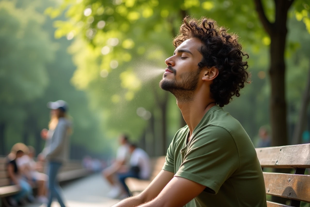 Jeune homme en plein air vaporisant un spray botanique dans un parc