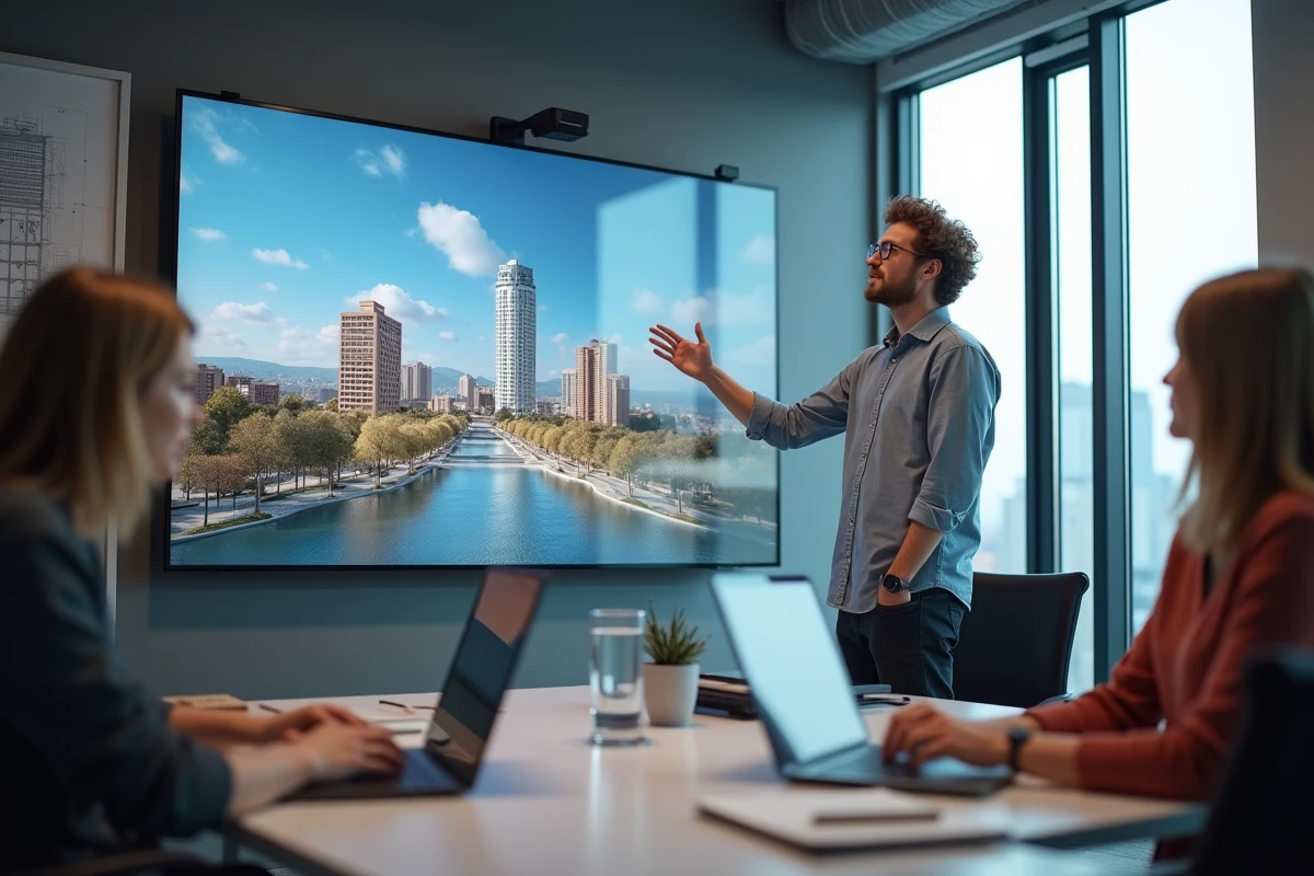 Jeune homme présentant une visualisation architecturale en réunion