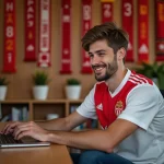 Jeune homme en maillot Monaco souriant devant son ordinateur
