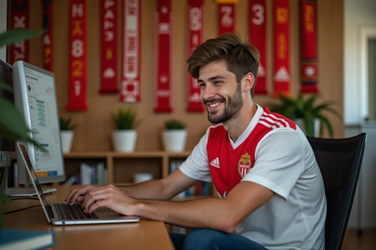 Jeune homme en maillot Monaco souriant devant son ordinateur