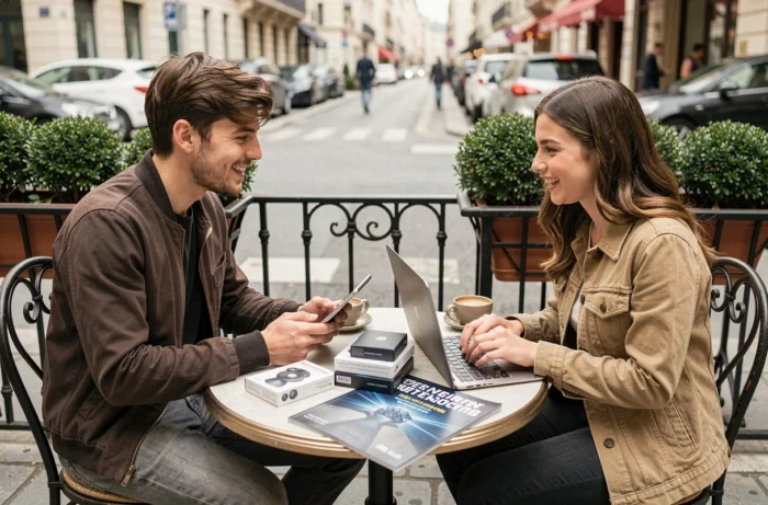 Deux jeunes professionnels discutant des nouvelles tendances informatiques 2024 en terrasse de café