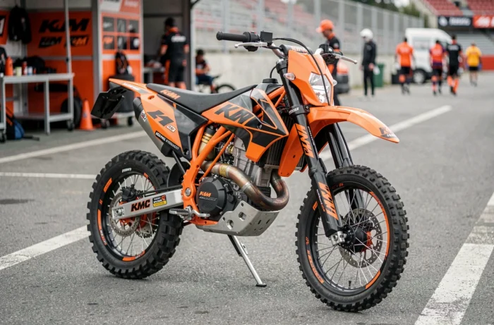 KTM 125 SMC R en livrée orange et noire garée dans le paddock d'un circuit de supermotard