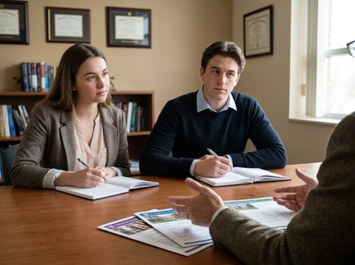 Deux lycéens en entretien avec un conseiller d'orientation pour choisir entre prépa design et école spécialisée après le bac