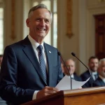 Le maire en costume navy lors d'un discours de mariage en mairie