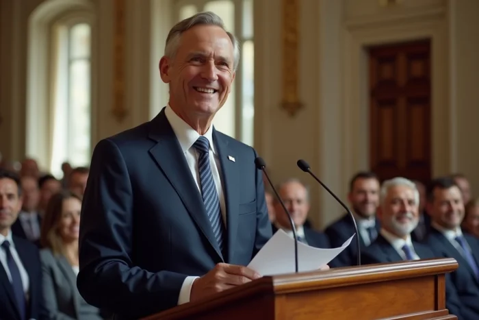 Le maire en costume navy lors d'un discours de mariage en mairie