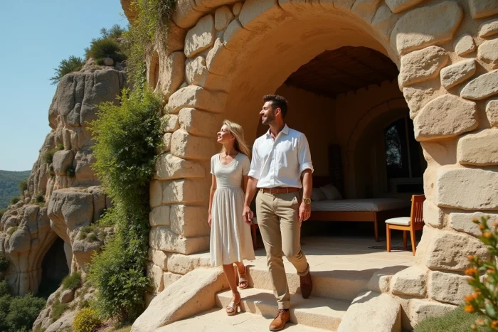 Couple découvrant une maison troglodyte creusée dans la roche à Cotignac pour un week-end hors du temps