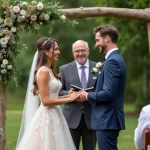 Jeune couple souriant lors de leur mariage en plein air
