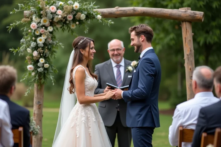 Jeune couple souriant lors de leur mariage en plein air
