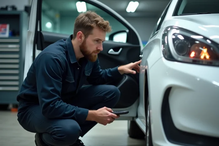 Mécanicien inspectant les voyants d'alerte du tableau de bord d'une Peugeot 208 blanche dans un garage automobile