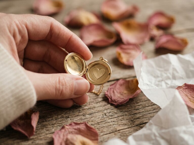 Mains féminines tenant un médaillon en or gravé d'un cœur, posé sur une table en bois avec des pétales de rose séchés, bijou sentiment romantique