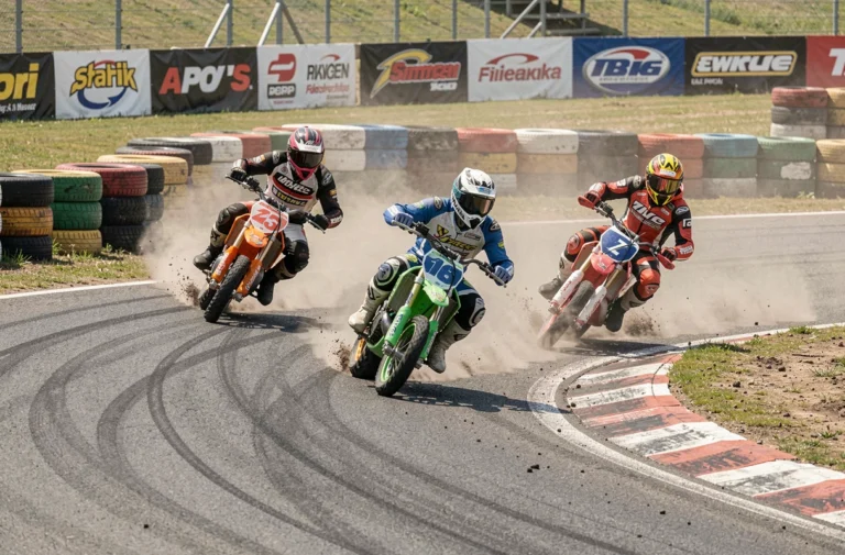 Trois pilotes de motos supermotard 125 en pleine action sur un circuit asphalté lors d'une course dynamique