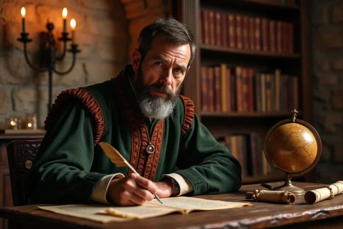 Écrivain espagnol en costume de la Renaissance écrivant à la plume sur un manuscrit dans un bureau du XVIIe siècle, évoquant Miguel de Cervantes