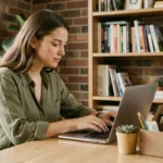 Femme geek éco-responsable travaillant sur un ordinateur portable dans un bureau minimaliste avec des accessoires durables et écologiques
