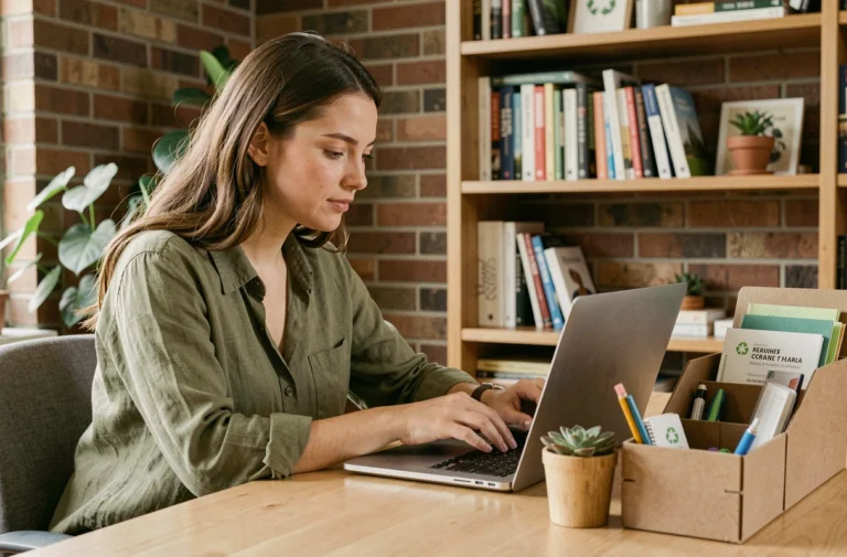 Femme geek éco-responsable travaillant sur un ordinateur portable dans un bureau minimaliste avec des accessoires durables et écologiques