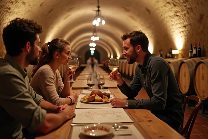 Couple dégustant des vins de Cassis dans une cave à vin lors d'un séjour œnotouristique romantique