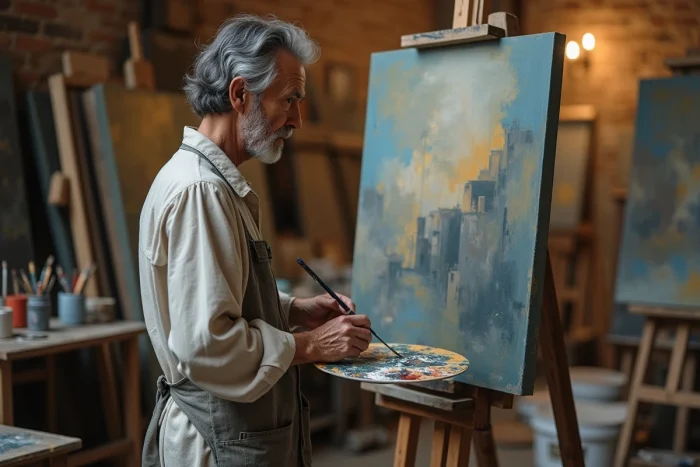 Peintre espagnol âgé aux mains couvertes de peinture devant une toile cubiste dans un atelier de Barcelone, évoquant l'univers de Pablo Picasso