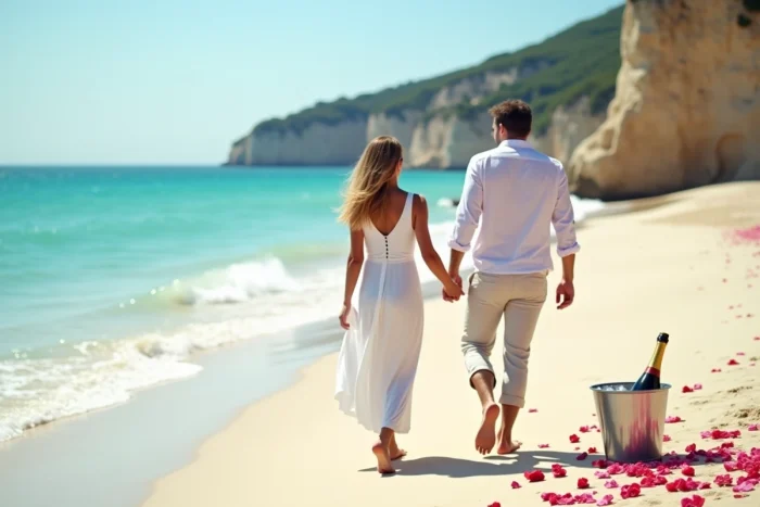 Couple célébrant la Saint-Valentin sur une plage romantique de la côte varoise