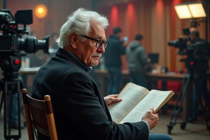 Réalisateur espagnol âgé aux cheveux blancs assis dans un fauteuil de metteur en scène sur un plateau de tournage madrilène, évoquant Pedro Almodóvar