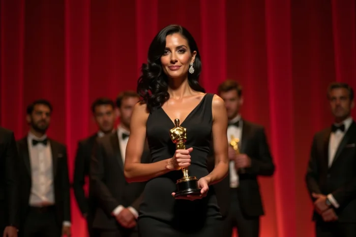 Actrice espagnole élégante en robe noire tenant un trophée doré sur la scène d'une cérémonie de remise de prix, évoquant Penélope Cruz