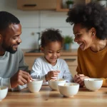 Famille multiraciale petit-dejeuner dans la cuisine chaleureuse