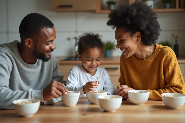 Famille multiraciale petit-dejeuner dans la cuisine chaleureuse
