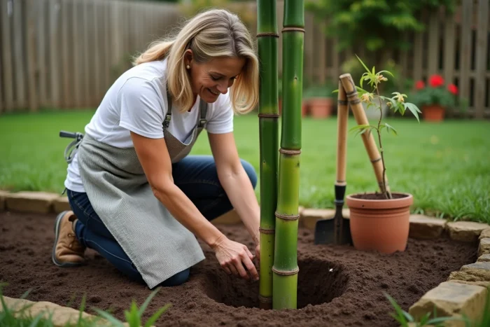 Femme plantant et alignant un bambou dans un trou creusé au jardin