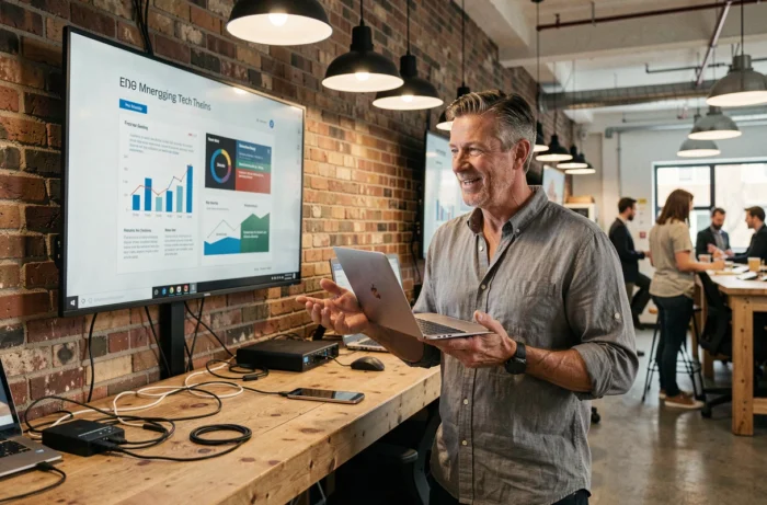 Professionnel présentant les tendances technologiques 2024 dans un espace de coworking