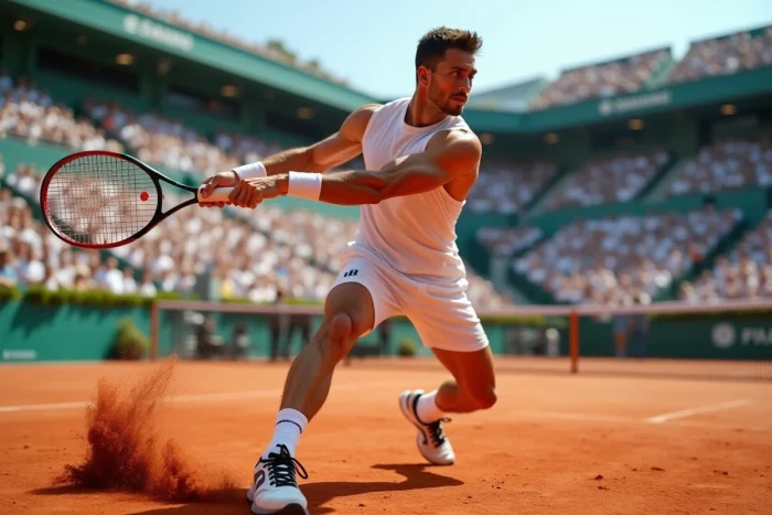 Joueur de tennis espagnol en pleine frappe sur un court en terre battue rouge lors d'un grand tournoi, évoquant Rafael Nadal
