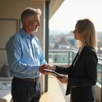 Homme et femme se serrant la main sur un balcon lumineux