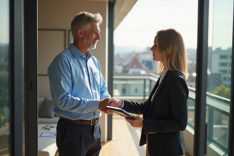 Homme et femme se serrant la main sur un balcon lumineux